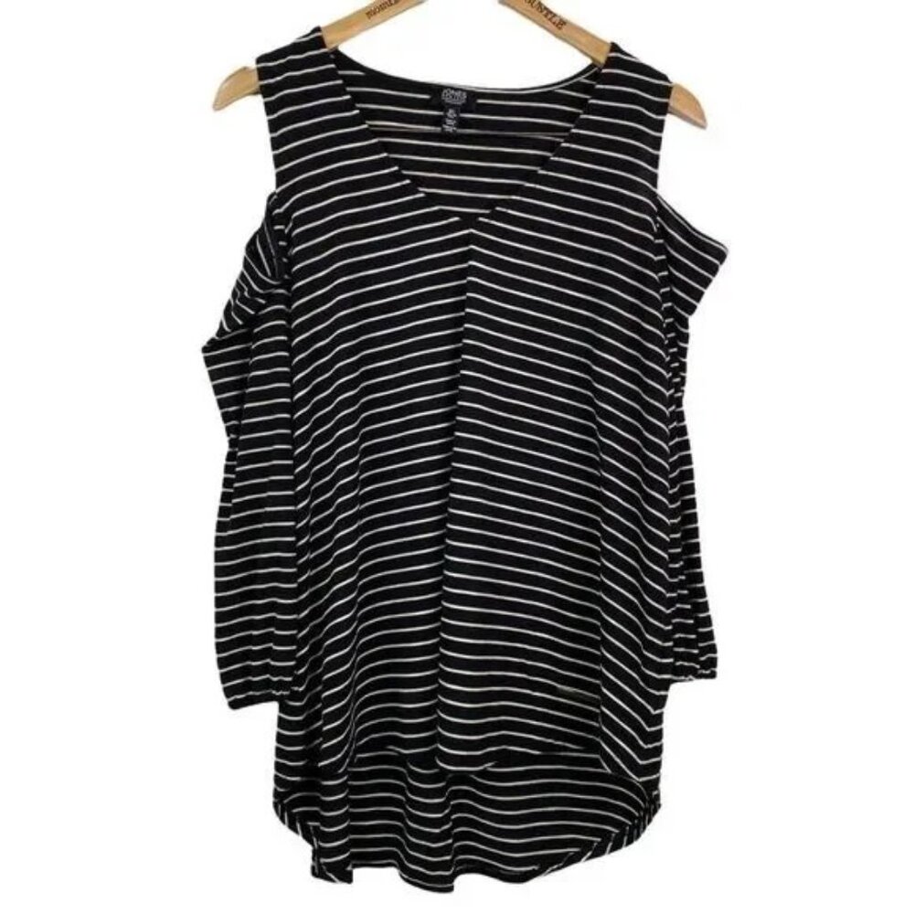 JONES NEW YORK WOMEN'S‎ BLACK/WHITE STRIPED COLD SHOULDER TUNIC SIZE LARGE-EUC